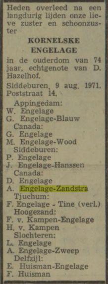 overlijdensadvertentie kornelske engelage on 9 Aug 1971.